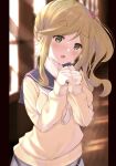  1girl blonde_hair blurry blurry_background blush commentary eyebrows_visible_through_hair fang file112056 green_eyes hair_bobbles hair_ornament hands_together highres indoors inuyama_aoi looking_at_viewer sailor_collar school_uniform side_ponytail skin_fang solo thick_eyebrows yurucamp 