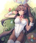  1girl animal_ears bare_shoulders black_legwear boots bow bowtie breasts brown_hair bunny_ears easter_egg egg flower hair_between_eyes hair_flower hair_intakes hair_ornament highres kantai_collection kasumi_(skchkko) large_breasts leotard long_hair looking_at_viewer lying on_back outdoors pantyhose pink_neckwear playboy_bunny ponytail purple_eyes thigh_boots thighhighs very_long_hair white_footwear white_leotard wrist_cuffs yamato_(kancolle) 