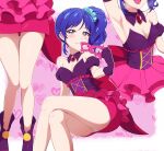  1girl :d acchi_(koiyimknp) aikatsu! aikatsu!_(series) arm_up armpits bare_shoulders blue_eyes blue_hair blue_scrunchie blush boots border breasts breath brooch cleavage collar commentary_request cowboy_shot crossed_legs detached_collar detached_sleeves dress frilled_dress frills gem gloves grin head_out_of_frame heart heart-shaped_pupils heart_background highres holding holding_mask idol jewelry kiriya_aoi long_hair looking_at_viewer lower_body mask medium_breasts multicolored multicolored_clothes multicolored_dress multiple_views open_mouth outside_border panties pantyshot pink_background pink_dress pom_pom_(clothes) purple_collar purple_dress purple_footwear purple_gloves scrunchie shiny shiny_hair shiny_skin short_sleeves side_ponytail smile solo steam sweat symbol-shaped_pupils thighs underwear white_border white_panties 
