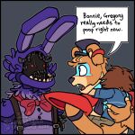  1_arm 2021 animatronic anthro big_ears blue_eyes bodypaint bottomwear bow_tie brown_body brown_fur brown_hair close-up clothed clothing dialogue dialogue_box ear_piercing ear_ring english_text eye_contact face_paint faceless_character faceless_male fangs five_nights_at_freddy&#039;s five_nights_at_freddy&#039;s:_security_breach five_nights_at_freddy&#039;s_2 fur glamrock_freddy_(fnaf) gregory_(fnaf) grey_background group hair hat headgear headwear hi_res human humor kinoselynn lagomorph leporid long_ears looking_aside looking_at_another machine male mammal multicolored_body multicolored_fur open_mouth overalls piercing portrait purple_body purple_fur purple_nose rabbit red_eyes robot rockstar round_ears sharp_teeth shirt short_hair shorts shoulder_guards simple_background tan_body tan_fur tan_skin teeth text tongue top_hat topwear two_tone_body two_tone_fur ursid video_games wire withered_bonnie_(fnaf) 