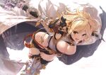  1girl akita_hika armor bangs belt black_gloves black_legwear blonde_hair blush breasts brown_eyes cape cleavage cleavage_cutout clothing_cutout commentary_request djeeta_(granblue_fantasy) elbow_gloves gloves granblue_fantasy hairband highres large_breasts leaning_forward looking_at_viewer open_mouth relic_buster_(granblue_fantasy) short_hair sword thighhighs thighs weapon white_cape 