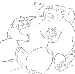  2021 anthro ashigara belly bulge canid canine canis clothing domestic_dog eyes_closed group hon55728 hug humanoid_hands kemono male mammal moobs overweight overweight_male sketch sleeping tokyo_afterschool_summoners underwear ursid video_games yasuyori 