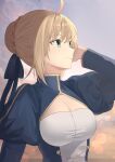  1girl absurdres ahoge arm_at_side artoria_pendragon_(all) blonde_hair blue_ribbon blurry bokeh braid breasts cleavage depth_of_field fate/stay_night fate_(series) french_braid from_side green_eyes hair_ribbon hand_in_hair highres hiroserii juliet_sleeves long_sleeves puffy_sleeves ribbon saber smile solo upper_body 