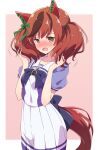  1girl animal_ears bangs blush bow brown_eyes brown_hair eyebrows_visible_through_hair green_bow green_ribbon hair_bow highres horse_ears horse_girl horse_tail looking_at_viewer mel_(melty_pot) multicolored_hair nice_nature_(umamusume) nose_blush open_mouth pink_background red_hair ribbon school_uniform short_hair short_sleeves skirt solo streaked_hair tail twintails two-tone_background umamusume white_background white_skirt 