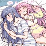  2girls artist_name blue_hair heart long_hair lying magia_record:_mahou_shoujo_madoka_magica_gaiden mahou_shoujo_madoka_magica multiple_girls nanami_yachiyo on_back on_side pink_hair sleeping spoken_heart studiozombie tamaki_iroha yuri zzz 