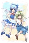  2girls ascot bangs blue_bow blue_dress blue_eyes blue_footwear blue_hair bow bowtie brown_footwear cirno clenched_hands collared_dress commission daiyousei dress eyebrows_visible_through_hair fairy fairy_wings floating green_eyes green_hair hair_bow hands_on_hips highres ice ice_wings kuroi_mimei light_frown loafers mary_janes medium_dress medium_hair multiple_girls one_side_up open_mouth puffy_short_sleeves puffy_sleeves red_bow red_neckwear shoes short_sleeves sidelocks single_horizontal_stripe skeb_commission smile socks touhou white_legwear wings yellow_neckwear 