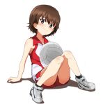  1girl armpit_peek ball bare_shoulders blush breasts brown_eyes brown_hair closed_mouth collarbone full_body girls_und_panzer gym_shorts isobe_noriko kayabakoro looking_at_viewer red_shirts shadow shiny shiny-skin shiny_hair short short_hair shorts simple_background sitting sleeveless small_breasts smile solo sportswear volleyball volleyball_uniform white_background 