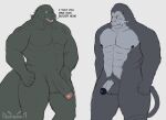  2021 abs anthro ape balls comparing comparing_penis dialogue duo english_text flaccid genitals godzilla godzilla_(series) gorilla grey_background haplorhine hi_res humanoid_genitalia humanoid_penis jayjay_(artist) kaiju king_kong male mammal megaprimatus_kong monster muscular muscular_anthro muscular_male navel nipples nude pecs penis primate reptile scalie simple_background standing text toho 