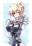  1girl ;) armor bangs blonde_hair blue_background blue_eyes bodysuit border breasts closed_mouth commentary_request commission covered_navel eyebrows_visible_through_hair fortified_suit gauntlets hair_intakes hand_on_hip highres ilfriede_von_feulner impossible_bodysuit impossible_clothes kuroi_mimei large_breasts looking_at_viewer muvluv muvluv_alternative one_eye_closed outside_border pointing pointing_at_viewer shoulder_armor skeb_commission smile solo the_euro_front tied_hair upper_body white_border 