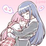  2girls :d ^_^ artist_name blue_hair braid closed_eyes heart hug long_hair low_ponytail magia_record:_mahou_shoujo_madoka_magica_gaiden mahou_shoujo_madoka_magica multiple_girls nanami_yachiyo open_mouth pink_hair smile spoken_heart studiozombie tamaki_iroha yuri 