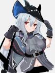  1girl adjusting_clothes adjusting_headwear arknights ascot asususususu belt black_capelet black_headwear blush capelet closed_mouth commentary_request eyebrows_visible_through_hair grey_neckwear grey_shirt hair_between_eyes hat head_tilt highres infection_monitor_(arknights) long_hair looking_at_viewer midriff navel red_eyes shirt silver_hair simple_background skadi_(arknights) solo sword upper_body weapon weapon_on_back white_background 