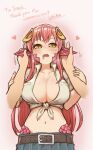  1girl belt belt_buckle blush breasts buckle collarbone commission drooling ear_grab earjob fangs hair_ornament hairclip heart highres ichika_(ichika_manga) jewelry lamia large_breasts long_hair looking_at_viewer midriff miia_(monster_musume) monster_girl monster_musume_no_iru_nichijou navel open_mouth pointy_ears pov pov_hands red_hair ring scales shirt skeb_commission skirt solo_focus sweat tied_shirt wedding_band yellow_eyes 