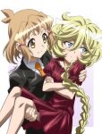  2girls blonde_hair blue_eyes blush braid braided_ponytail breasts brown_eyes brown_hair carol_malus_dienheim carrying closed_mouth crossed_arms dress eyebrows_visible_through_hair formal hair_ornament hairclip highres long_hair looking_at_another looking_away miyabi_mt-b multiple_girls necktie orange_neckwear ponytail princess_carry red_dress senki_zesshou_symphogear shiny shiny_hair short_dress short_hair simple_background small_breasts smile suit tachibana_hibiki_(symphogear) white_background yuri 