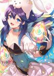  1girl animal_ears blue_eyes blue_hair blue_neckwear blush breasts bunny_ears bunny_tail choker cleavage commentary_request easter_egg egg fake_animal_ears fire_emblem fire_emblem_awakening fire_emblem_heroes frilled_choker frills gloves gold_trim highres leotard long_hair lucina_(fire_emblem) lucina_(spring)_(fire_emblem) microskirt mixed-language_commentary nakabayashi_zun open_mouth pantyhose playboy_bunny puffy_short_sleeves puffy_sleeves short_sleeves skirt small_breasts smile solo symbol_in_eye tail white_gloves white_legwear 