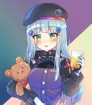  1girl absurdres bangs beret black_headwear blue_hair blush breasts caramell0501 commentary cup drink drinking_glass eyebrows_visible_through_hair german_flag girls_frontline green_eyes hair_ornament hand_up hat highres hk416_(girls_frontline) holding holding_cup jacket long_hair long_sleeves looking_at_viewer object_hug parted_lips purple_jacket small_breasts solo stuffed_animal stuffed_toy symbol_commentary teddy_bear upper_body very_long_hair 