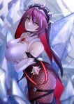  1girl absurdres bare_shoulders breasts cleavage crossed_arms elbow_gloves fishnet_legwear fishnets from_side genshin_impact gloves half-closed_eyes highres icicle jrpulse large_breasts looking_at_viewer purple_hair rosaria_(genshin_impact) solo veil yellow_eyes 