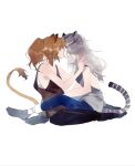  2girls animal_ears arknights backless_outfit bare_arms black_pants blue_pants brown_hair brown_shirt cat_ears cat_tail closed_eyes couple grey_footwear grey_hair grey_shirt hands_on_another&#039;s_shoulders hands_on_another&#039;s_waist highres indra_(arknights) kiss leg_lock lion_ears lion_tail llmia4 long_hair loose_clothes loose_shirt multiple_girls pants ponytail shirt siege_(arknights) simple_background socks tail tank_top white_background white_footwear yuri 