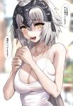  1girl absurdres biting blurry blurry_background breasts cigarette cleavage commentary_request eyebrows_visible_through_hair fate/grand_order fate_(series) headpiece highres jeanne_d&#039;arc_(alter)_(fate) jeanne_d&#039;arc_(fate)_(all) large_breasts lighting_cigarette long_hair looking_at_viewer open_mouth silver_hair smoking solo standing suou-sensei tank_top upper_body yellow_eyes 