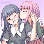  2girls artist_name blowing_in_ear blue_hair blush braid long_hair low_ponytail magia_record:_mahou_shoujo_madoka_magica_gaiden mahou_shoujo_madoka_magica multiple_girls nanami_yachiyo one_eye_closed open_mouth pink_hair studiozombie tamaki_iroha yuri 