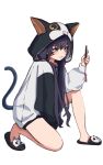  1girl :3 absurdres animal_hood arknights binware black_footwear black_hair black_hoodie blaze_(arknights) blue_eyes blush cat_girl cat_hood cat_tail commentary full_body hand_up highres holding hood hood_up hoodie long_hair long_sleeves official_alternate_costume one_knee pajamas simple_background slippers solo tail two-tone_hoodie white_background white_hoodie 