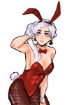  1girl animal_ears bare_shoulders blush bow bowtie breasts bunny bunny_ears bunny_tail cleavage covered_navel detached_collar edelgard_von_hresvelg fake_animal_ears fire_emblem fire_emblem:_three_houses fishnet_legwear fishnets gloves hair_ornament hair_ribbon highres leotard long_hair looking_at_viewer pantyhose playboy_bunny purple_eyes ribbon sethkiel side_ponytail simple_background solo strapless strapless_leotard tail thighhighs white_hair wrist_cuffs 