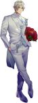  1boy arms_at_sides ascot bouquet brown_eyes buttons closed_mouth crossed_legs final_fantasy final_fantasy_xiv flower formal full_body grey_hair groom hand_in_pocket highres hyur jacket looking_at_viewer male_focus neck_tattoo pants pmoazi pocket red_flower red_rose rose shoes short_hair smile solo standing standing_on_one_leg suit suit_jacket tattoo thancred_waters transparent_background tuxedo vest white_jacket white_neckwear white_pants white_suit 