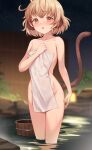  andira_(granblue_fantasy) animal_ears bath blonde_hair blush covering duplicate erune granblue_fantasy highres holding holding_towel looking monkey_ears monkey_girl monkey_tail naked_towel nude onsen partially_submerged petite red_eyes short_hair tail towel water wet white_towel yukiyama_momo 