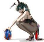 1girl animal_ears bangs bare_shoulders black_footwear black_nails bow bowtie bracelet breasts bunny_ears bunny_tail cleavage closed_mouth commentary_request delsaber earrings easter_egg egg fake_animal_ears fake_tail fire_emblem fire_emblem:_the_blazing_blade fishnet_legwear fishnets full_body green_eyes green_hair hair_between_eyes high_heels high_ponytail highres holding holding_egg jewelry large_breasts long_hair looking_at_viewer lyn_(fire_emblem) playboy_bunny ponytail shadow simple_background smile solo squatting tail white_background 