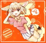  1girl ;d animal_ear_fluff animal_ears bangs blonde_hair bow bowtie breasts brown_eyes drop_shadow eyebrows_visible_through_hair fennec_(kemono_friends) fox_ears full_body hand_up kemono_friends legs_together looking_at_viewer medium_breasts miniskirt one_eye_closed open_mouth orange_background pink_shirt pleated_skirt puffy_short_sleeves puffy_sleeves shirt short_hair short_sleeves simple_background skirt smile solo suicchonsuisui white_skirt yellow_bow yellow_legwear yellow_neckwear 