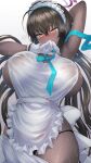  1girl ahoge apron aqua_ribbon black_panties blue_archive blush breasts brown_hair clothes_pull dark_skin dark_skinned_female gloves halo highres huge_breasts karin_(blue_archive) long_hair maid maid_headdress naked_apron oonaka_ito panties pantyhose pantyhose_pull ribbon sheer_clothes sideboob underwear wet wet_clothes white_apron white_gloves white_legwear yellow_eyes 