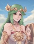  1girl armlet artist_name bangs bare_shoulders bracer breasts circlet cloud cm_lynarc collarbone commentary day dress english_commentary eyebrows_visible_through_hair gold_headband green_eyes green_hair hair_ornament happy headband highres jewelry kid_icarus kid_icarus_uprising laurel_crown lips long_hair looking_at_viewer medium_breasts neck_ring necklace palutena parted_bangs parted_lips shield signature sky smile solo strapless strapless_dress teeth upper_body white_dress 