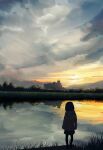  1girl absurdres cloud cloudy_sky from_behind highres house kgt_(pixiv12957613) lake miniskirt original outdoors reflection scarf scenery skirt sky sunset 