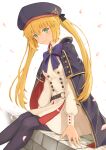  1girl absurdres artoria_pendragon_(all) artoria_pendragon_(caster)_(fate) belt black_legwear blonde_hair blue_cape blue_headwear blue_neckwear blush bow bowtie brooch buttons cape closed_mouth double-breasted dress fate/grand_order fate_(series) green_eyes hat highres jewelry long_hair long_sleeves looking_at_viewer pantyhose piisu pleated_dress short_dress sitting sleeve_cuffs smile solo twintails two-sided_cape two-sided_fabric white_dress 
