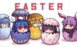  5girls :3 :d animal_ears animal_print bangs black_hair blonde_hair bunny_ears bunny_print carrot_print closed_eyes crescent_print easter_egg eating egg english_text floppy_ears food_print half-closed_eyes in_container inaba_tewi long_hair long_sleeves looking_at_viewer multiple_girls o_o open_mouth purple_hair red_eyes reisen_(touhou_bougetsushou) reisen_udongein_inaba ringo_(touhou) seiran_(touhou) short_hair simple_background smile star_(symbol) star_print touhou triangle_mouth unime_seaflower white_background 