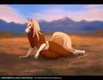  american_paint_horse anthro blonde_hair blue_eyes breasts brown_body brown_fur dreamworks equid equine female fur hair horse long_hair mammal pinup pinup_pose pose rain_(cimarron) raining small_breasts solo solo_focus spirit:_stallion_of_the_cimarron white_body white_fur wolfpsalm 