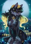  2021 anthro black_nose breasts canid canine clothed clothing digital_media_(artwork) eyebrows eyelashes female fur grey_body grey_fur looking_at_viewer mammal moon night outside sky sorafoxyteils yellow_eyes 