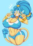  absurd_res anthro big_breasts blue_hair breasts camel_toe cleavage clothed clothing double_v_sign eyes_closed female gesture hair hi_res mehdrawings nintendo nipple_outline pok&eacute;mon pok&eacute;mon_(species) simipour solo v_sign video_games 