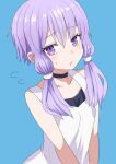  1girl bangs bare_arms bare_shoulders black_choker blue_background blush choker closed_mouth collarbone commentary_request dress eyebrows_visible_through_hair flying_sweatdrops hair_between_eyes highres kakan_(amka) long_hair looking_at_viewer purple_eyes purple_hair simple_background sleeveless sleeveless_dress solo sweat vocaloid voiceroid white_dress yuzuki_yukari 