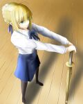  1girl ahoge artoria_pendragon_(all) blonde_hair blue_ribbon blue_skirt braid dress_shirt dutch_angle fate/stay_night fate_(series) french_braid from_above from_side frown green_eyes hair_between_eyes high-waist_skirt highres koujiro_(kouziro_1) neck_ribbon pantyhose planted_sword planted_weapon ribbon saber shinai shirt skirt solo sword weapon white_shirt wooden_floor 