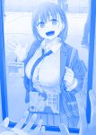  ai-chan_(tawawa) bag blue_theme braid breasts briefcase buttons check_translation commentary_request getsuyoubi_no_tawawa ground_vehicle highres himura_kiseki kobeya_uniform large_breasts looking_at_viewer onii-san_(tawawa) open_collar open_mouth partially_translated popped_button sexually_suggestive side_braid train train_interior train_station translation_request unbuttoned unbuttoned_shirt waving 