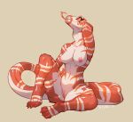  anthro breasts claws feet female fivel forked_tongue genitals long_tail looking_at_viewer navel nipples non-mammal_breasts nude orange_body pussy red_sclera reptile scalie smile snake solo stripes toe_claws toes tongue 
