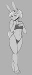  anthro bangs barefoot clothing feet female front_view grey_background greyscale hair hi_res lagomorph leporid mammal midriff monochrome one_eye_closed rabbit simple_background smile solo standing teeth thong topwear tube_top underwear zkelle 