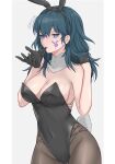  1girl animal_ears artist_name bangs bare_arms bare_shoulders black_gloves black_hairband black_leotard blue_eyes blue_hair breasts bunny_ears bunny_tail byleth_(fire_emblem) byleth_(fire_emblem)_(female) cleavage covered_navel cowboy_shot facial_mark fake_animal_ears fake_tail fire_emblem fire_emblem:_three_houses gloves groin hair_between_eyes hairband hands_up highres large_breasts leotard long_hair looking_at_viewer mouth_hold pantyhose playboy_bunny shimizu_akina solo strapless strapless_leotard tail twitter_username 