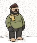  2009 anthro bottomwear brown_body brown_fur clothing eyes_closed fur hat headgear headwear male mammal mustard_(artist) overweight overweight_male pants scarf snow snowing solo sweater topwear ursid 