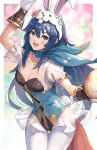  1girl :d animal_ears blue_eyes blue_hair blush border breasts bunny_ears choker cleavage collarbone easter easter_egg egg fake_animal_ears fire_emblem fire_emblem_awakening fire_emblem_heroes frilled_choker frills gloves gold_trim gonzarez happy_easter highres holding holding_egg leotard light_particles lucina_(fire_emblem) lucina_(spring)_(fire_emblem) microskirt open_mouth pantyhose puffy_short_sleeves puffy_sleeves see-through short_sleeves skirt small_breasts smile solo underbust white_border white_gloves white_legwear 