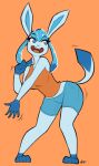  2018 4_toes 5_fingers anthro anthrofied biped blue_body blue_eyes blue_fur bottomwear breasts clothing eeveelution eyelashes feet female fingers fur glaceon hi_res looking_away nintendo open_mouth pok&eacute;mon pok&eacute;mon_(species) shirt shorts solo spikedmauler standing tank_top toes tongue topwear video_games 