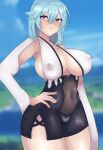  1girl absurdres bangs blue_hair breasts brown_eyes bulge eula_(genshin_impact) futanari fuxy genshin_impact highres large_breasts looking_at_viewer nipples see-through short_hair solo 