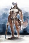  2021 accessory ambient_fish ambient_sealife anthro brown_body brown_fur canid canine canis clawlion cock_ring fish flaccid foreskin fur genitals grey_body grey_fur hi_res holding_object holding_weapon humanoid_genitalia humanoid_penis jewelry male mammal marine melee_weapon muscular muscular_anthro muscular_male penis penis_accessory penis_jewelry plantigrade polearm pubes simple_background solo spear standing uncut weapon white_body white_fur wolf yellow_eyes 