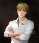  1boy armin_arlert bangs black_background blonde_hair blue_eyes buttons closed_mouth collared_shirt crossed_arms dress_shirt facial_mark highres jyundee looking_away male_focus scar scar_on_face shingeki_no_kyojin shirt short_hair simple_background sleeves_rolled_up solo spoilers upper_body white_shirt 