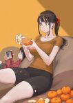  2girls black_shorts blush bow breasts brown_hair closed_mouth collarbone commentary couch expressionless eyebrows_visible_through_hair eyelashes food fruit hair_bow highres holding jun_(seojh1029) large_breasts leaning_on_person mandarin_orange medium_hair multiple_girls nintendo_switch orange_(food) orange_eyes orange_peel orange_shirt original peeling playing_games ponytail red_bow red_shirt shirt short_hair short_shorts short_sleeves shorts siblings sisters sitting symbol_commentary t-shirt thighs turtleneck 